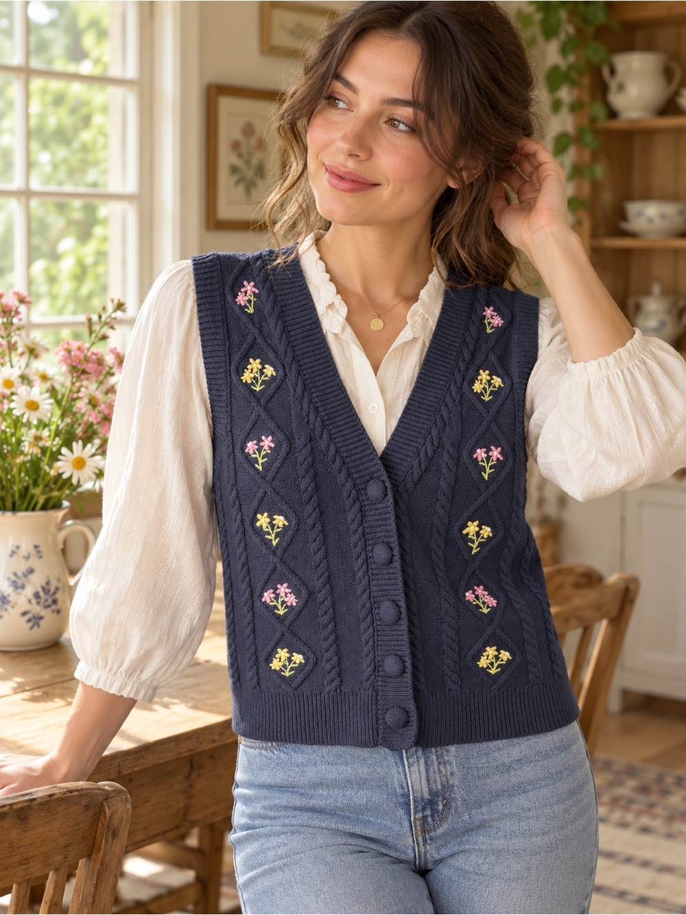 TWIK by Simons Navy Floral Embroidered Cable Knit Vest XS Cottagecore Layer